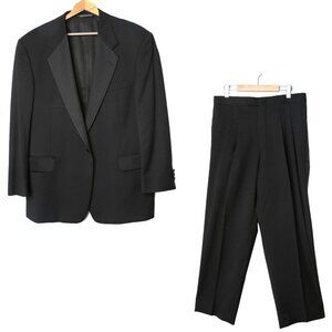 Harry Rosen Mens Wool Bartux Tuxedo Suit Jacket Pants Black Satin Party Formal